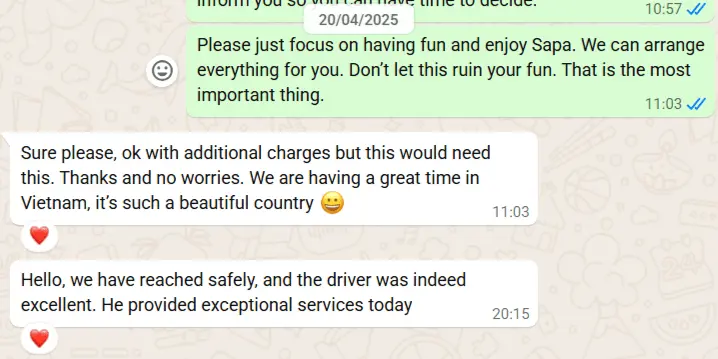 WhatsApp conversation showing a coordinator reassuring a client in Sapa and a client's positive feedback about an excellent driver.