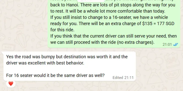WhatsApp message detailing a vehicle upgrade option to a 16-seater with clear pricing and a client complimenting the driver's behavior.