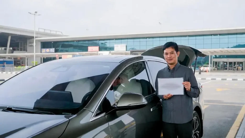 A professional driver in a grey uniform holding a personalized name sign while standing next to a grey private car at an airport pickup area.
