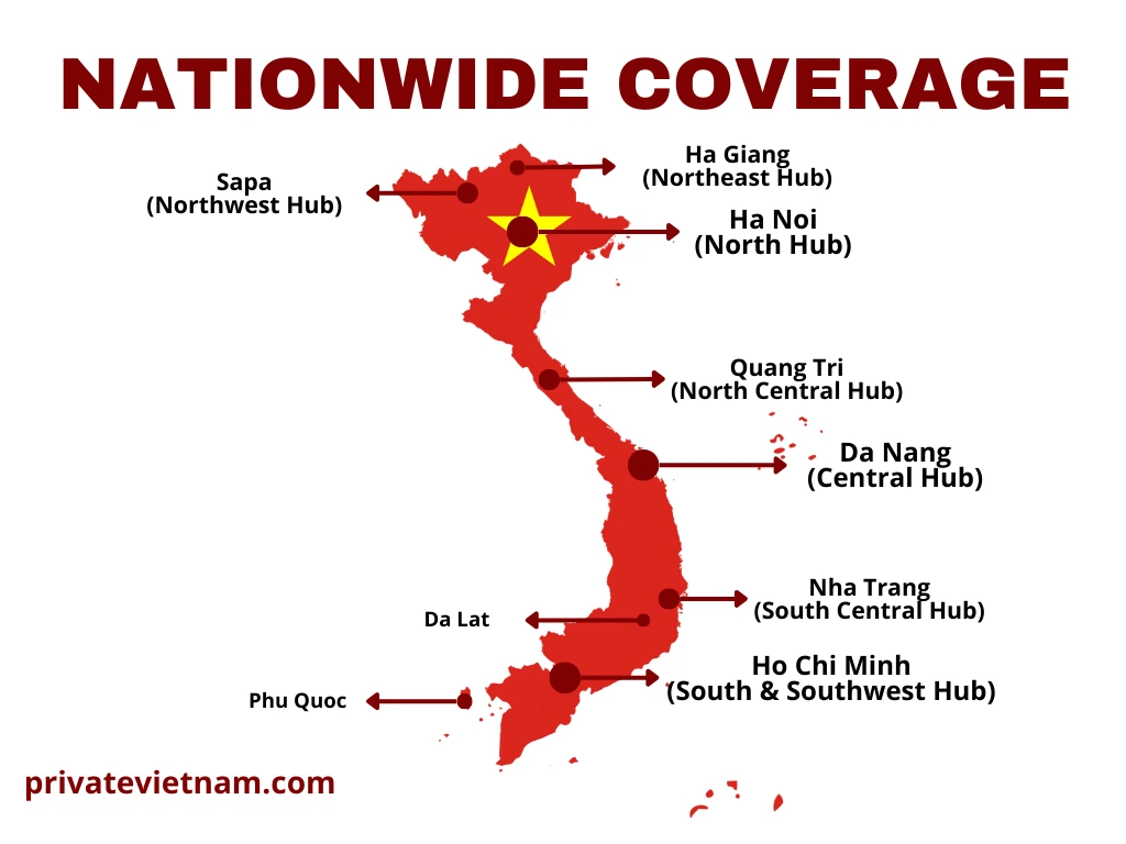 Map of Vietnam showing Private Vietnam operational hubs supporting nationwide private car transport under one operating standard.