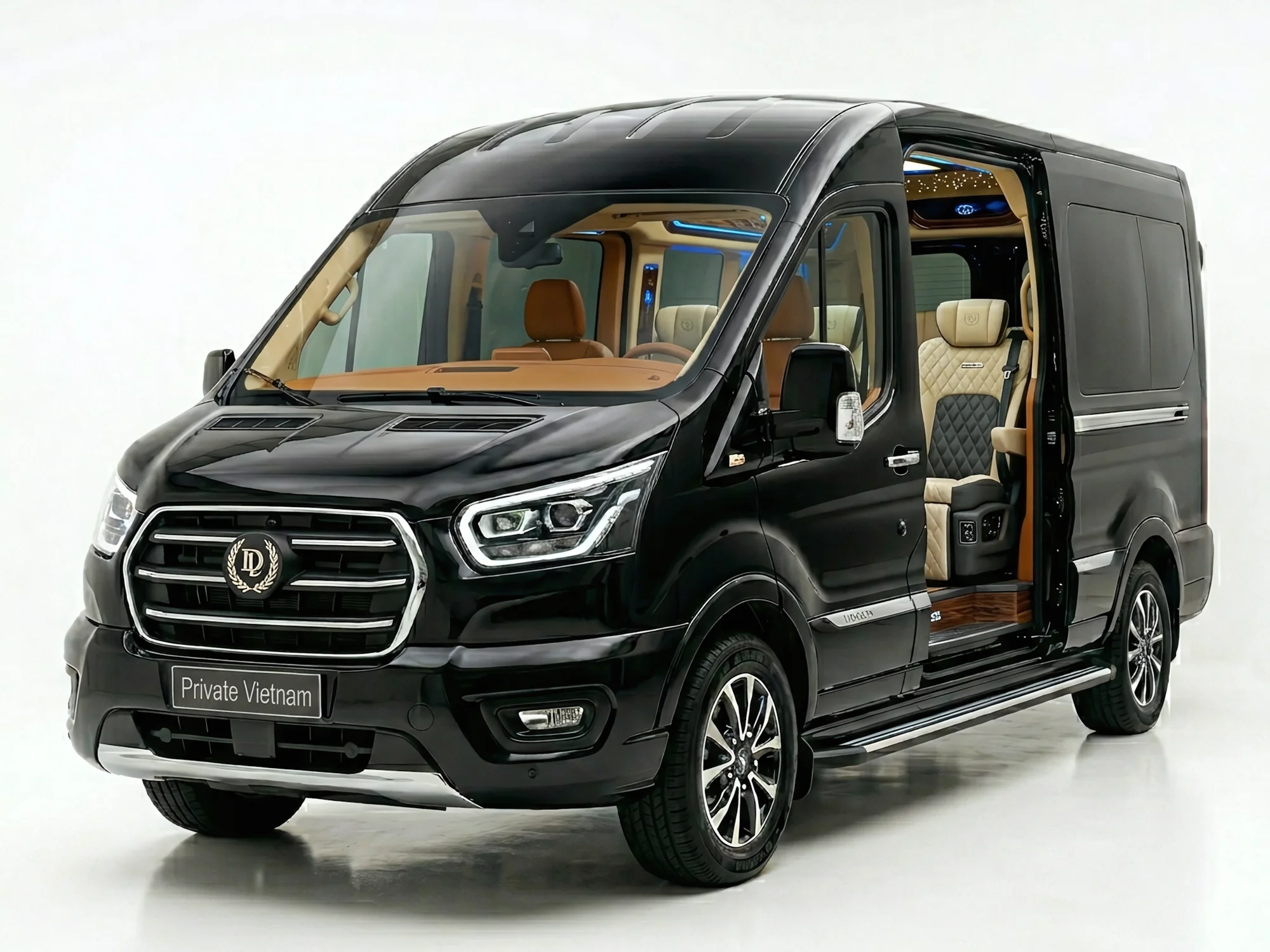 Premium customized vans featuring luxury quilted leather seating and executive privacy.
