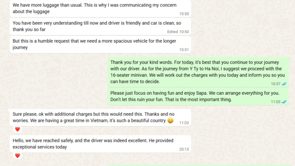 WhatsApp chat showing Private Vietnam coordinating a spacious 16-seater vehicle upgrade for a family with heavy luggage on a long Sapa journey.