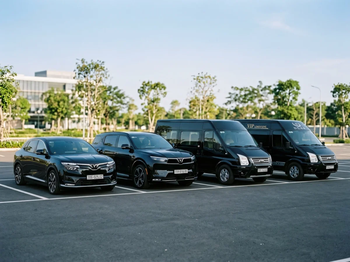 A uniform line-up of four black commercial vehicles parked at a 45-degree angle in an outdoor lot, showing a progression from a VinFast electric sedan and SUV to two Ford Transit and DCar passenger minibuses.