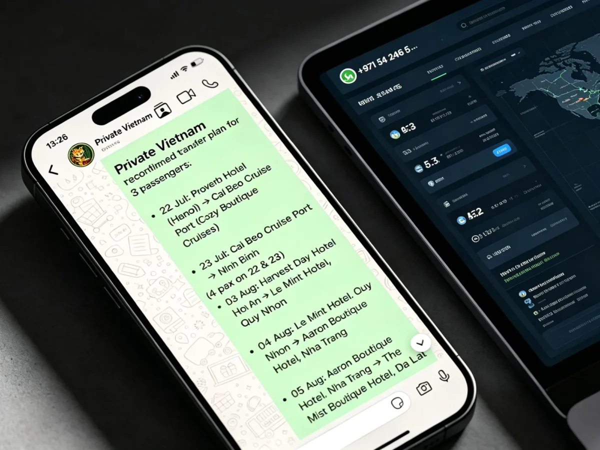 Close-up macro shot of a mobile phone screen showing a Private Vietnam WhatsApp text thread detailing a multi-day transfer plan, resting next to a digital mapping interface on a screen.