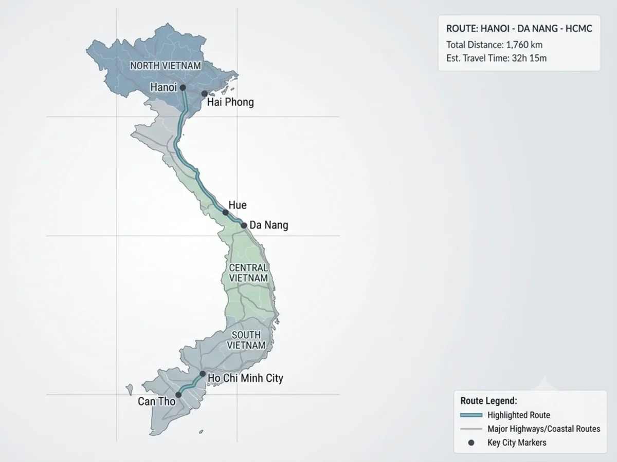 A transit map interface of Vietnam outlining a route through North, Central, and South Vietnam, with marked points for Hanoi, Hai Phong, Hue, Da Nang, Ho Chi Minh City, and Can Tho.
