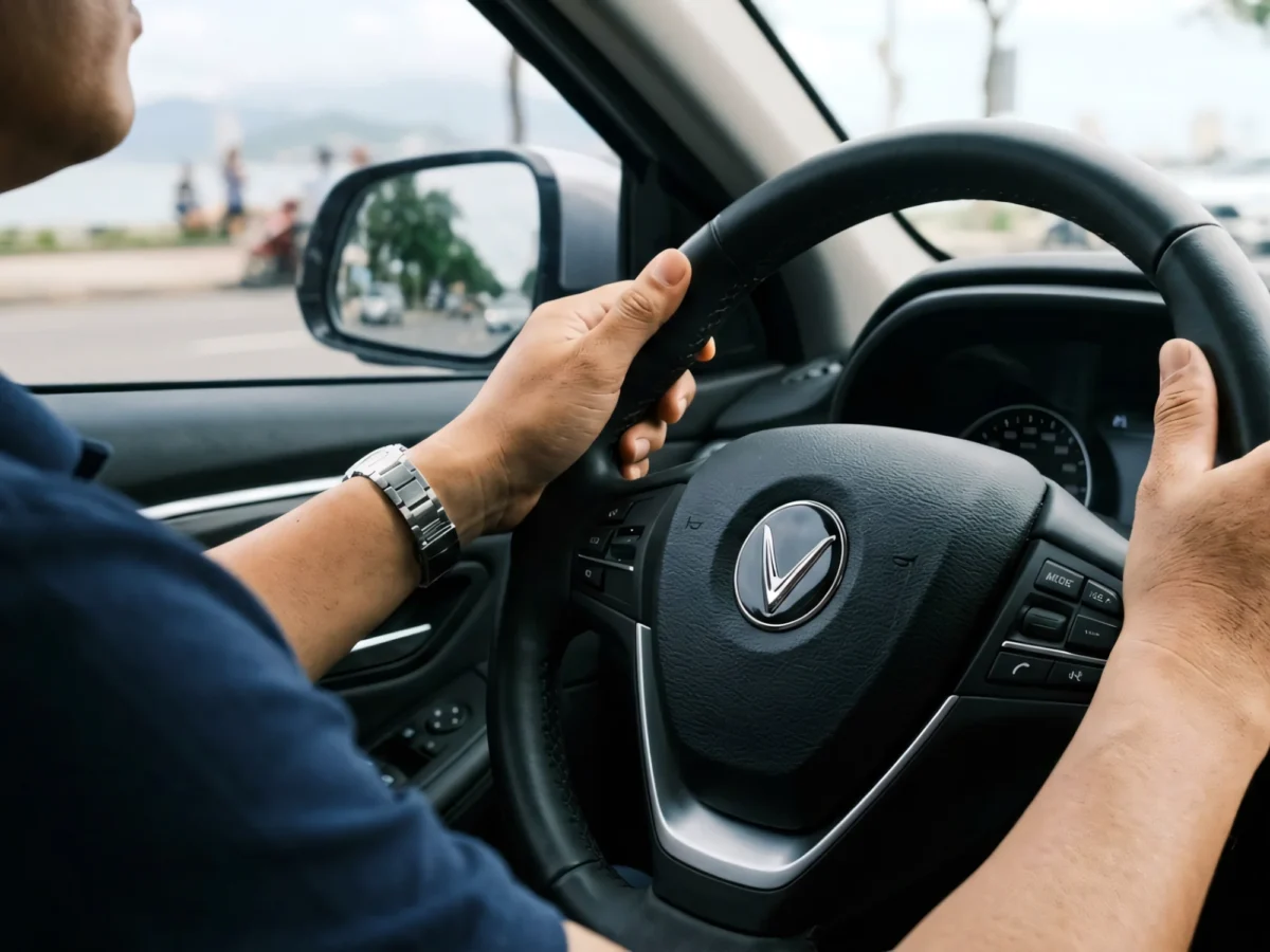 Close-up profile shot of a driver’s hands positioned at 10-and-2 on a clean black steering wheel inside a vehicle.