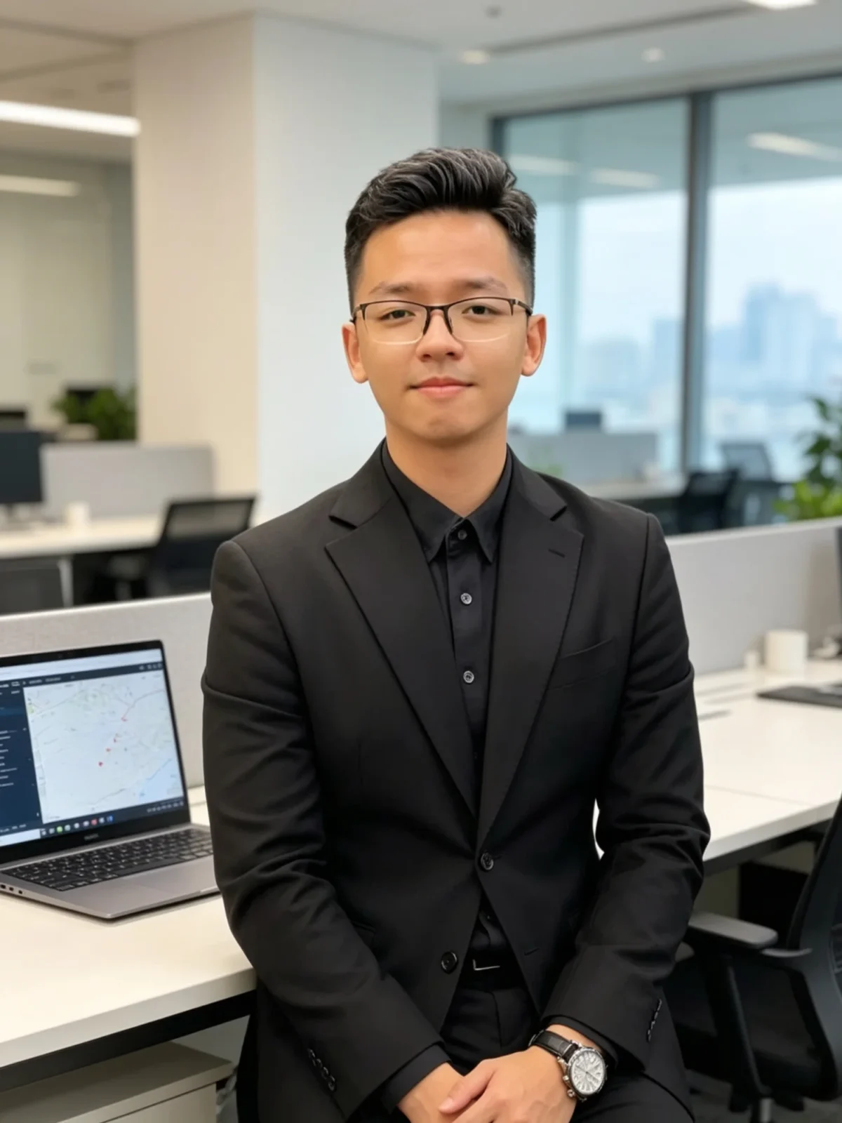 David Dam, founder of Private Vietnam, wearing a black suit and glasses, sitting in a corporate office environment with a laptop displaying a route mapping interface in the background.