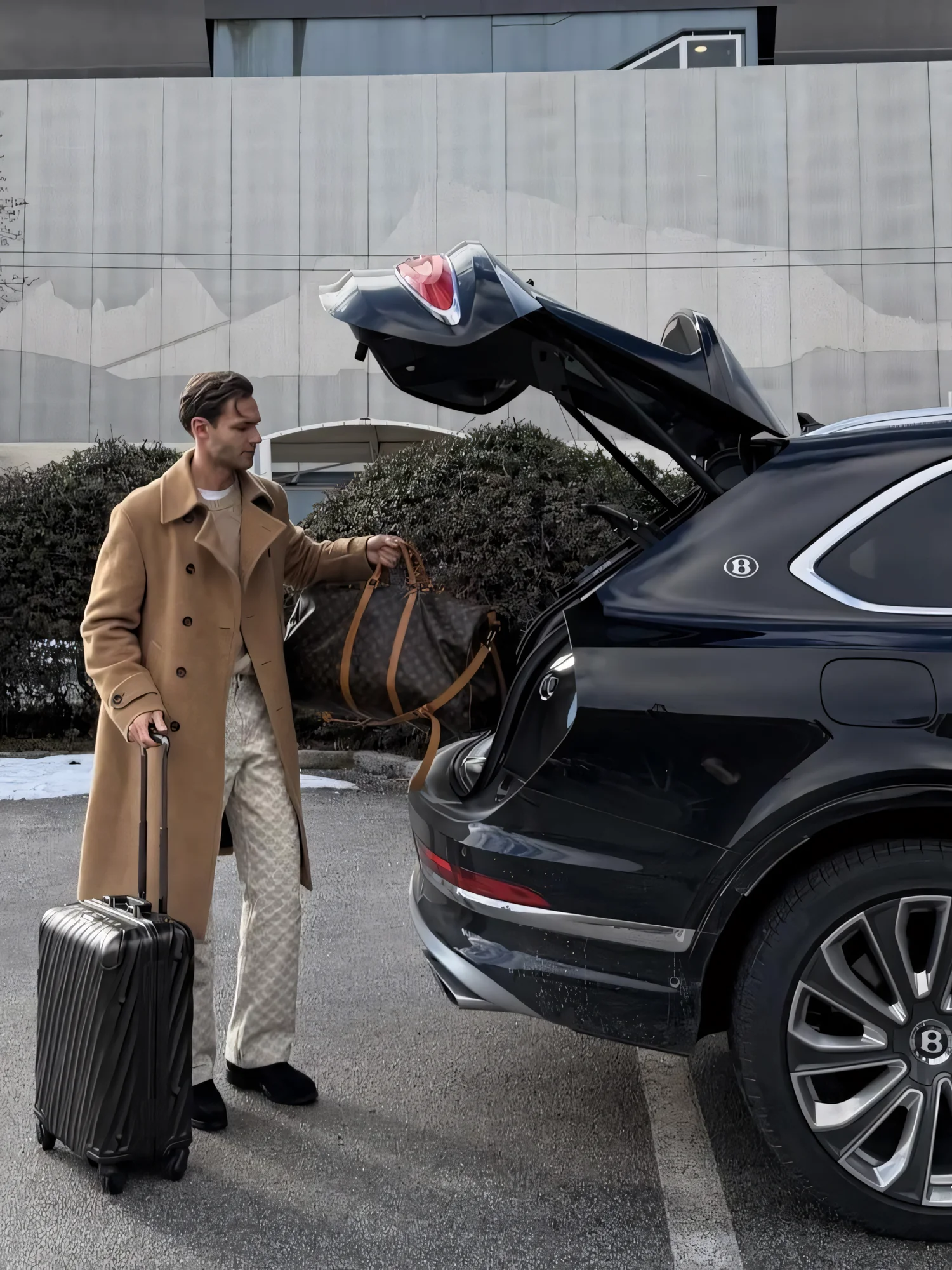 International traveler loading luggage into a premium vehicle with a professional driver, demonstrating a seamless airport pickup and private car service Vietnam experience.